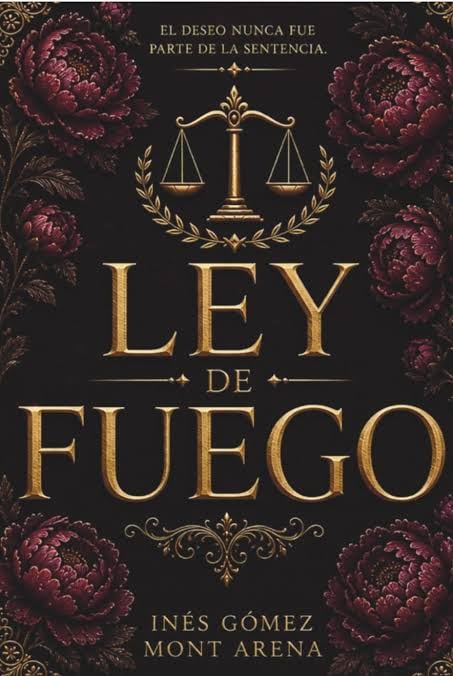 La portada de la novela Ley de Fuego, escrita por Inés Gómez Mont Arena, presenta tipografía dorada junto a una balanza y motivos florales.
