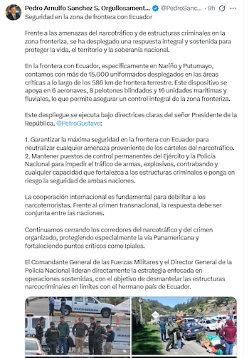 Pedro Sánchez, titular de la cartera, sostuvo que el despliegue se ejecuta bajo las directrices del presidente Gustavo Petro - crédito @PedroSanchezCol/X