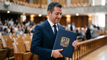 Un hombre vestido con traje azul marino sostiene una carpeta azul con un escudo dorado impreso dentro de un auditorio con filas de butacas.