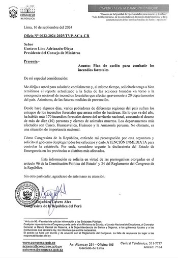 Oficio remitido por Alejandro Cavero