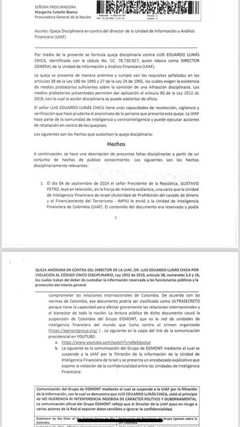 Una denuncia disciplinaria anónima solicita investigar al director de la UIAF, Luis Eduardo Llinás Chica, por mal manejo de información reservada - crédito X
