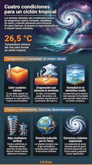 Infografía con seis recuadros ilustrados y datos de temperatura marina sobre las condiciones de formación de un ciclón tropical.