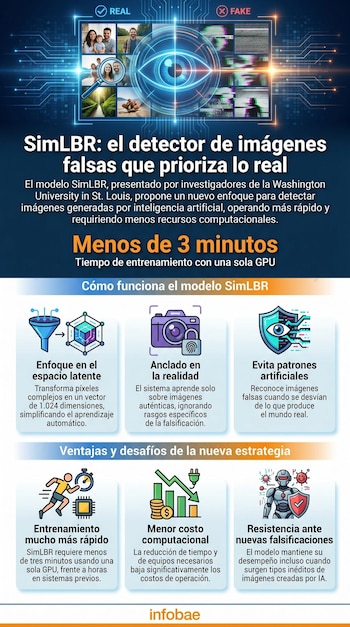 Infografía azul y blanca sobre SimLBR, un detector de imágenes IA. Muestra un ojo digital que compara fotos reales con falsas y textos sobre su funcionamiento