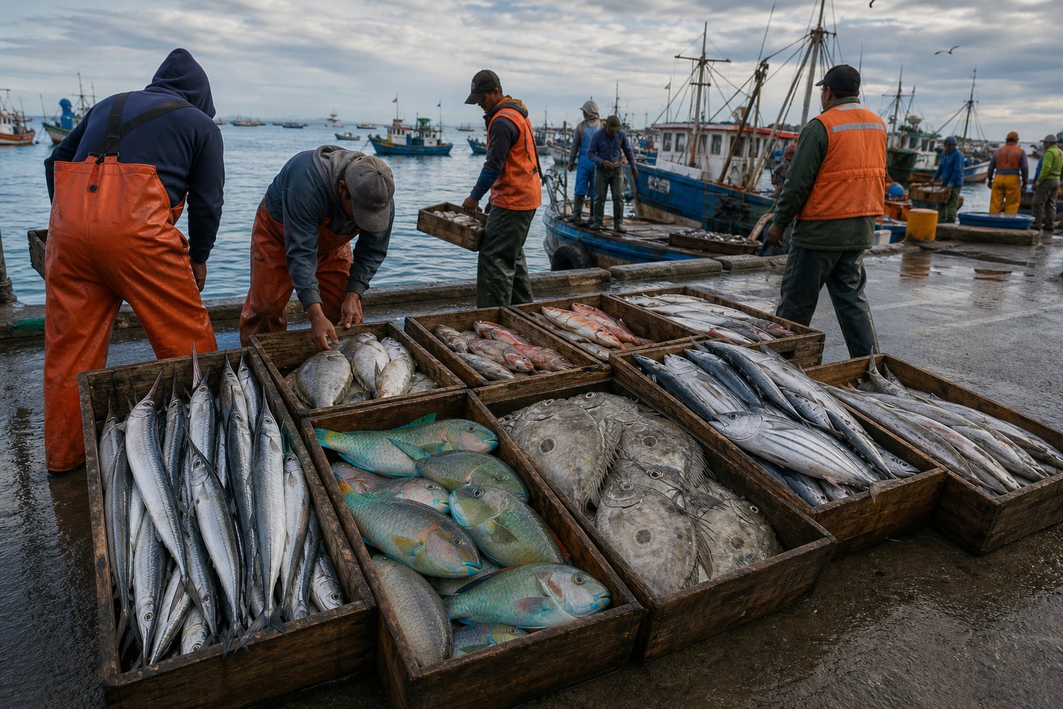 Pescadores organizan en cajas de madera el desembarque de diversas especies pesqueras tropicales y tradicionales en un muelle de la costa peruana. (Imagen Ilustrativa Infobae)