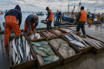 Pescadores en un muelle de concreto acomodan cajas de madera llenas de diferentes tipos de peces junto a barcos pesqueros en el mar.