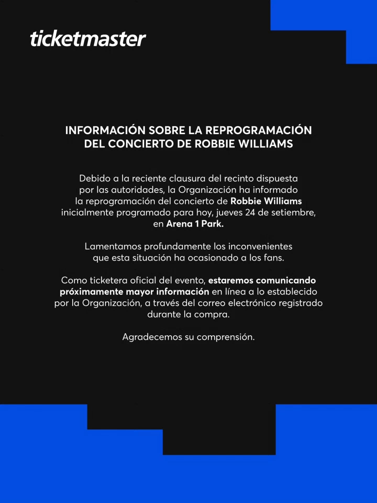 La ticketera informó que enviará novedades a los compradores mediante el correo registrado durante la compra.