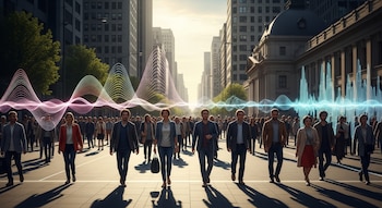 Vista cinematográfica de una calle de ciudad con numerosos peatones caminando. Sobre ellos, patrones de ondas sonoras coloridas flotan, mezclándose y separándose.