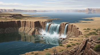 Ilustración de un vasto lago azul en un paisaje árido, desbordando en múltiples cascadas sobre un acantilado rocoso hacia una cuenca inferior. Un cielo claro con algunas nubes.