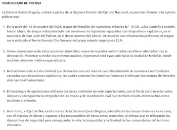El Ejército Nacional informó que el ataque fue “indiscriminado” contra los uniformados por parte del frente Ernesto Che Guevara del grupo armado - crédito Ejército Nacional