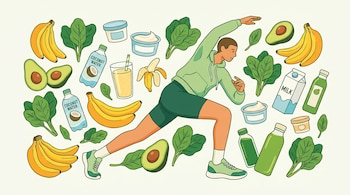 Ilustración de un atleta haciendo un estiramiento, rodeado de alimentos como plátanos, aguacates, espinacas, y bebidas como agua de coco y leche, sobre un fondo claro.