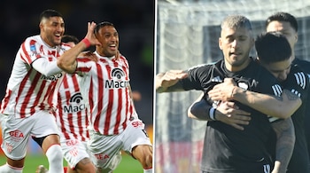 Composición de dos fotos con futbolistas que celebran abrazados: a la izquierda con camiseta a rayas rojas y a la derecha con uniforme negro.