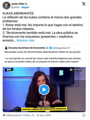 Posteo de Javier Milei el