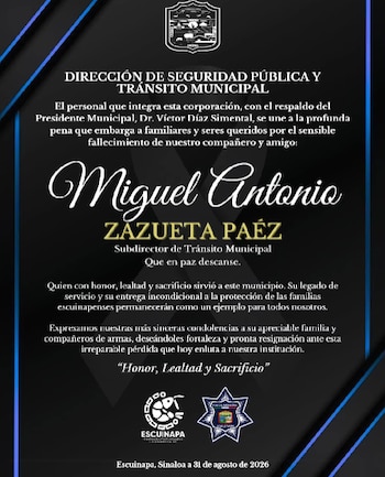 Miguel Antonio Zazueta fue asesinado. Crédito: Facebook - Dirección de Seguridad Pública y Tránsito Municipal de Escuinapa