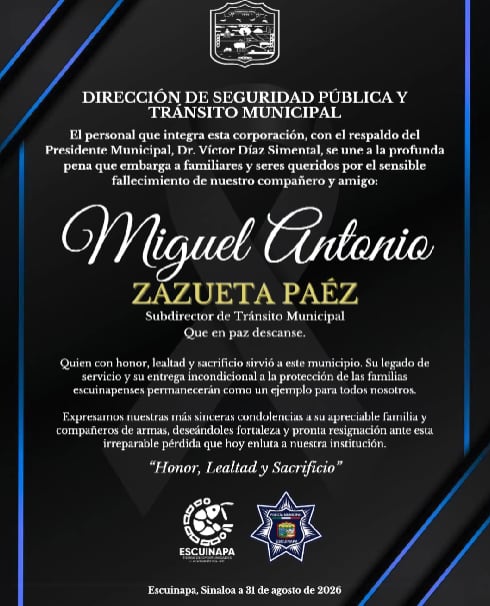 Miguel Antonio Zazueta fue asesinado. Crédito: Facebook - Dirección de Seguridad Pública y Tránsito Municipal de Escuinapa