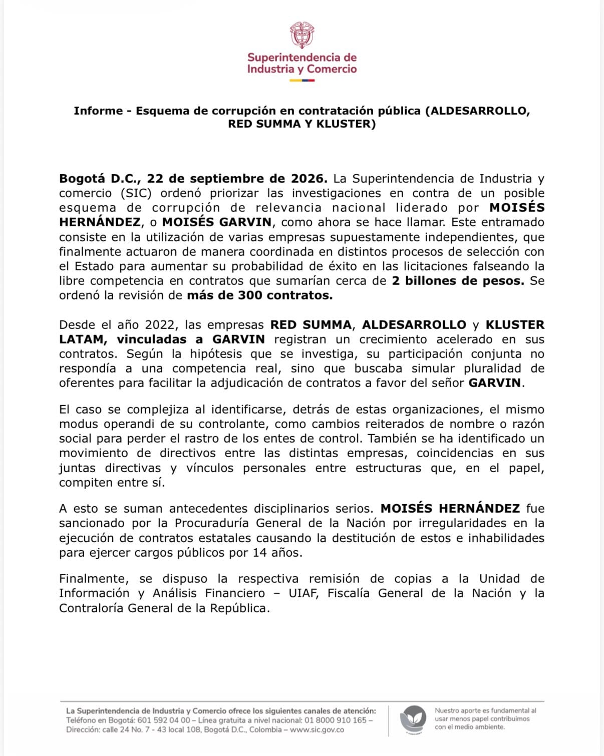 Con este comunicado, la Superintendencia de Industria y Comercio habló del caso Moisés Garvin y anunció que acelerará el proceso contra el abogado - crédito suministrado a Infobae Colombia