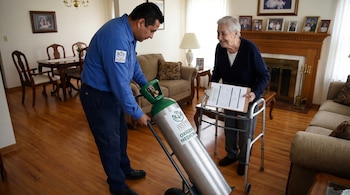 Un hombre con uniforme azul con logo del ISSSTE empuja un tanque de oxígeno medicinal plateado sobre un carrito hacia una mujer mayor sonriente con un andador.