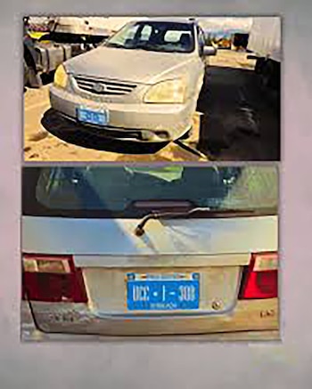 Fotografías del frente y la parte posterior de un automóvil plateado con placas de circulación azules