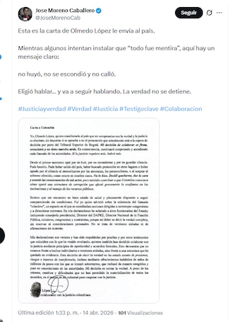 El abogado José Luis Moreno Caballero recalcó que el exdirector de la Ungrd Olmedo López contribuyó con la justicia desde el inicio, exponiendo el caso de corrupción de la entidad - crédito @JoseMorenoCab/X