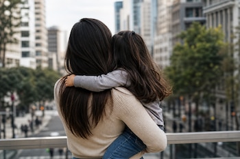 Vista de espaldas de una mujer de cabello oscuro que sostiene en brazos a una niña frente a un paisaje de edificios urbanos.