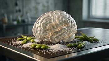 Modelo translúcido de un cerebro humano sobre una mesa, rodeado de montones de sal y vainas abiertas de soja con sus semillas.