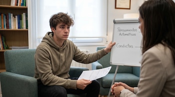 Joven sentado en sillón verde con documentos, interactúa con terapeuta frente a pizarra que muestra "Pensamientos Automáticos" y "Conductas".