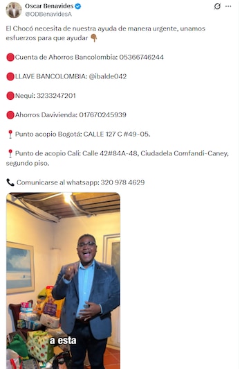 Óscar Benavides, representante a la Cámara, instó a la ciudadanía a donar alimentos no perecederos, ropa, elementos de aseo - crédito @ODBenavidesA/X