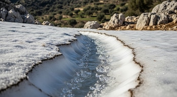 Primer plano de una grieta profunda en la nieve de una ladera soleada, por donde fluye agua cristalina. Al fondo se aprecian rocas y vegetación dispersa.