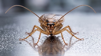 Vista frontal de una cucaracha sobre una superficie de acero inoxidable con gotas de agua.