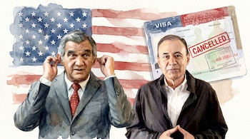 Pintura en acuarela de dos hombres con una bandera de Estados Unidos de fondo y una visa estadounidense cancelada superpuesta en el lado derecho.