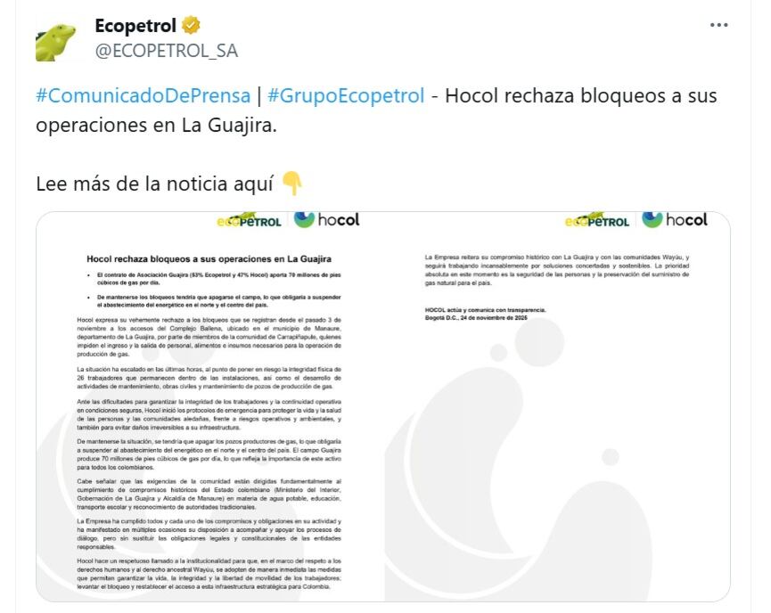 Hocol, filial de Ecopetrol, dice que ha cumplido con las comunidades de La Guajira - crédito Ecopetrol