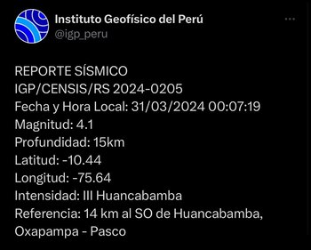 Reportan sismo en Pasco la madrugada del domingo 31 de marzo.