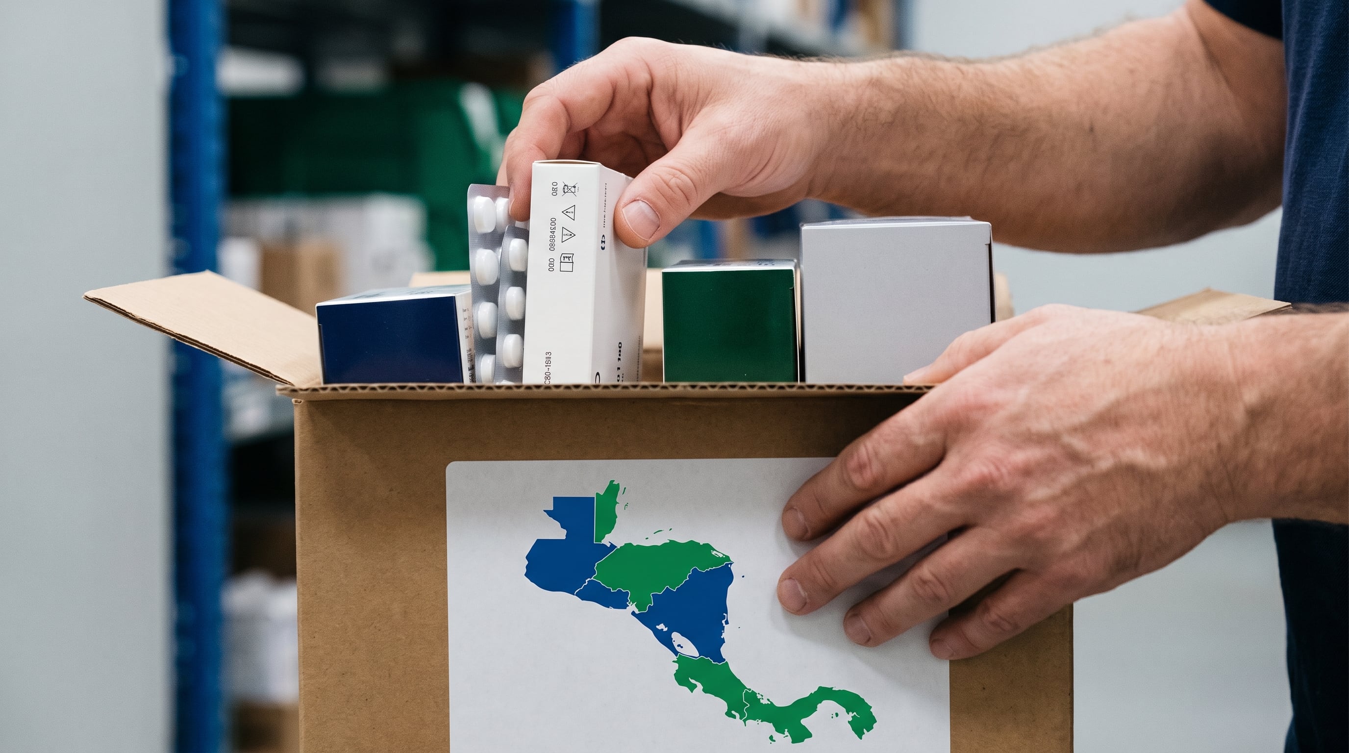 Manos de un trabajador preparan un envío de medicamentos genéricos en una caja de cartón con un mapa de Centroamérica. (Imagen Ilustrativa Infobae)