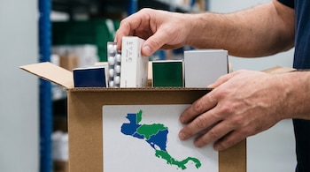 Manos colocan blísteres y cajas de medicamentos sin marca en una caja de cartón con un mapa de Centroamérica en colores azul y verde.