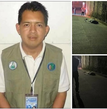 Imagen dividida. Izquierda: retrato de hombre con camisa blanca y chaleco caqui. Derecha: un cuerpo cubierto en el suelo de una calle oscura, con figuras indistintas al fondo