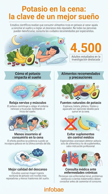 Infografía: mujer durmiendo, plátanos, espinacas, aguacate, frijoles. Cerebro, músculo, reloj, píldora tachada, riñón, corazón, doctor, paciente. Número 4.500.
