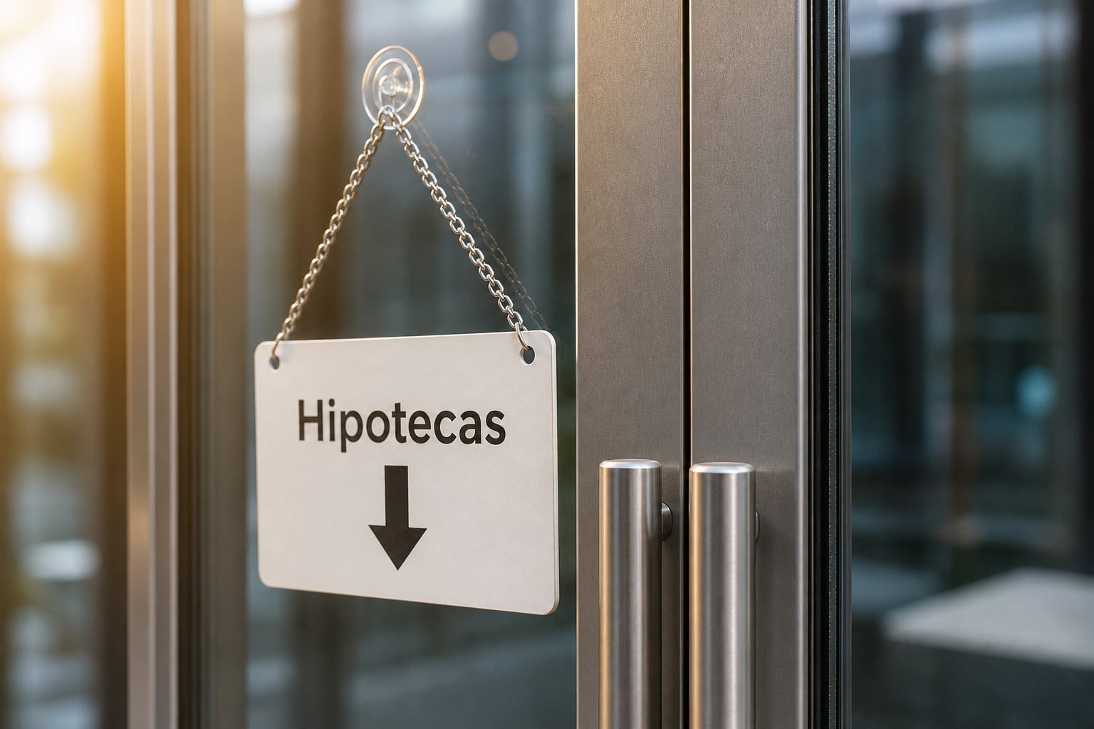 Un cartel con la palabra Hipotecas y una flecha que apunta hacia abajo cuelga de la puerta de vidrio de un banco. (Imagen Ilustrativa Infobae)