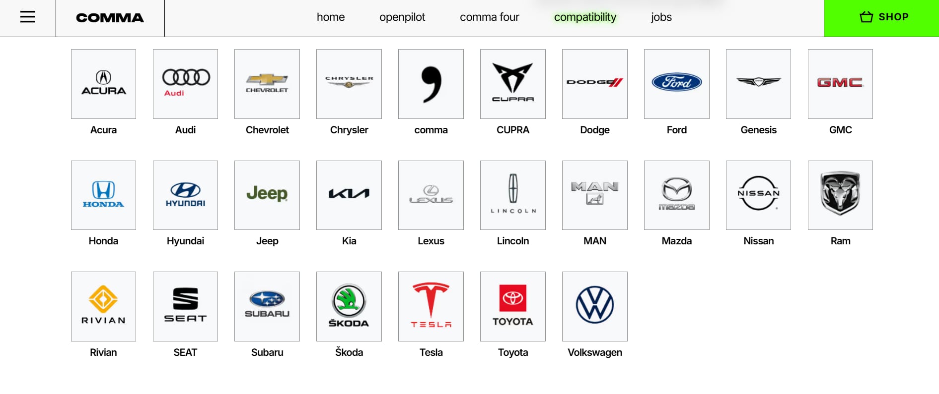 El sitio web de Comma señala que su dispositivo es compatible con varios fabricantes. (Comma.ai)