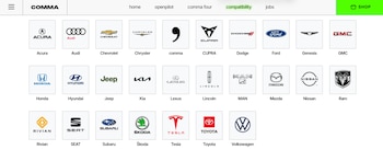 Captura de pantalla de la página web de Comma con una cuadrícula de logotipos de varias marcas de automóviles