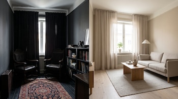 Imagen dividida de una sala: a la izquierda con paredes oscuras y sillones de cuero, y a la derecha con paredes claras, sofá beige y mesa de madera.