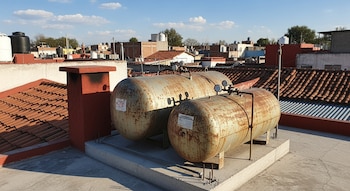Vista aérea de dos tanques de gas LP grandes y oxidados sobre un tejado de concreto. Alrededor, techos de tejas y casas en un entorno urbano bajo un cielo azul claro.