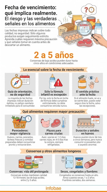 Infografía con título "Fecha de vencimiento", ilustraciones de pan, huevos, carne, lata, biberón, brújula, calendario, mano con lupa y refrigerador.