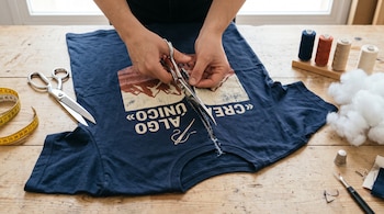 Manos que cortan una camiseta azul con tijeras sobre una mesa de madera con carretes de hilo, cinta métrica y relleno sintético.