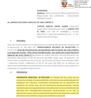 Documento legal impreso con texto en español, título de expediente, escudo nacional de Perú, firma digital y detalles de un recurso de apelación