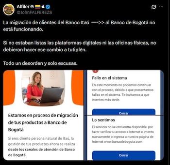 Las quejas por la migración de Itaú al Banco de Bogotá incluyeron esperas de más de cuatro horas y largas filas en sucursales - crédito @JohnFALFEREZS/X