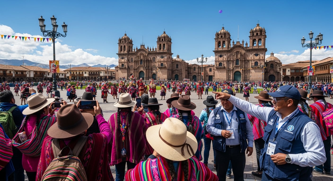 Turistas y habitantes celebran el Inti Raymi en la Plaza de Armas de Cusco, donde varios guías orientan a los visitantes con la catedral de fondo. (Imagen Ilustrativa Infobae)