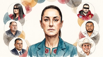 Ilustración en acuarela de Claudia Sheinbaum al centro con seis retratos de personas en marcos circulares alrededor.