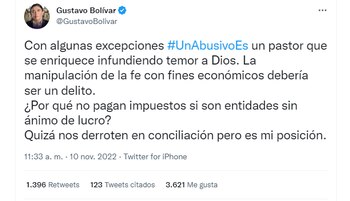 A través de Twitter, el senador Gustavo Bolívar arremetió contra la eliminación del impuesto a las iglesias en Colombia.
FOTO: vía Twitter (@GustavoBolivar)