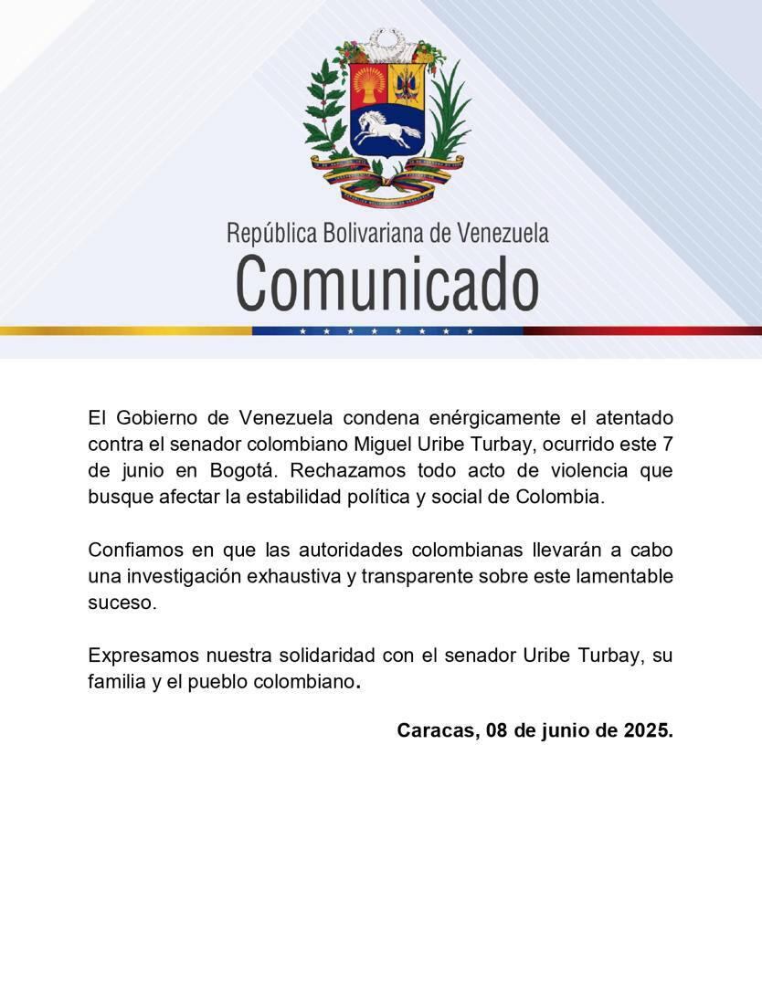 El régimen de Nicolás Maduro condenó públicamente el atentado contra Miguel Uribe Turbay, ocurrido el 7 de junio en Bogotá - crédito X