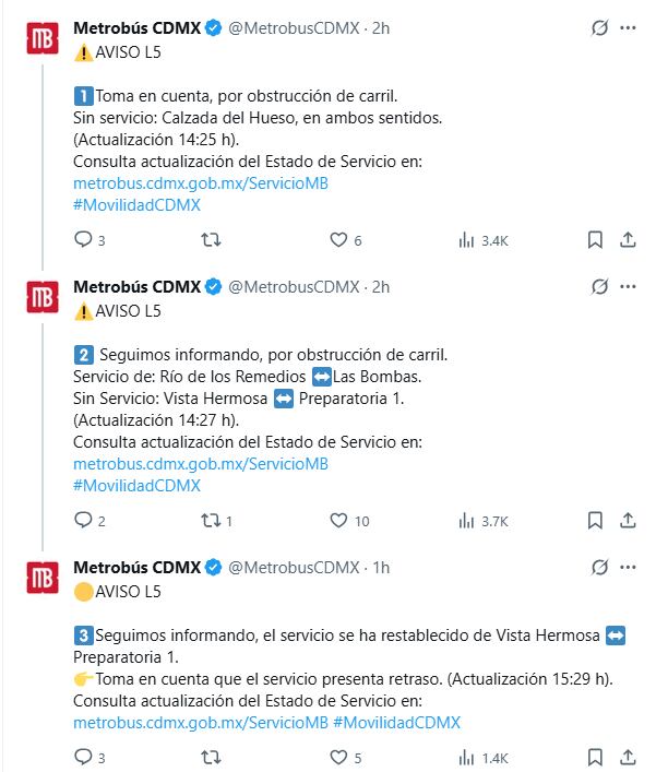 Retrasos en el servicio fue una de las causas que provocó el accidente en la Línea 5 del Metrobús. Foto: X/@MetrobusCDMX.