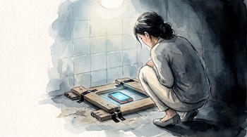 Ilustración de una mujer agachada de espaldas mirando un teléfono móvil con pantalla azul, sujeto con piezas de madera y cinta negra en el suelo.